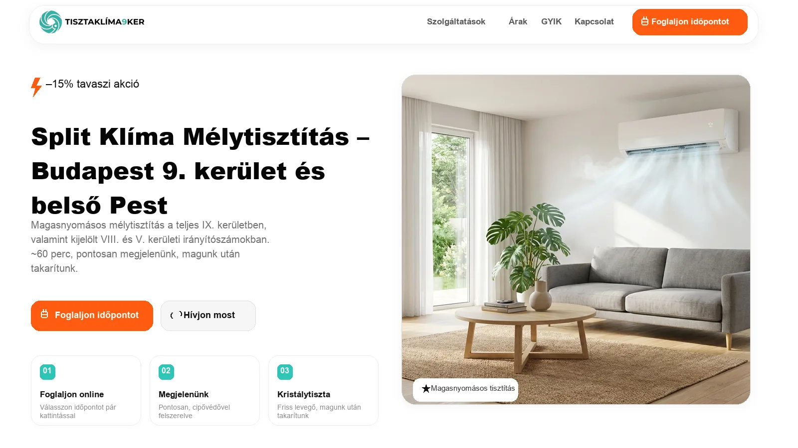 Tisztaklíma9ker landing oldal és foglalási rendszer mockup